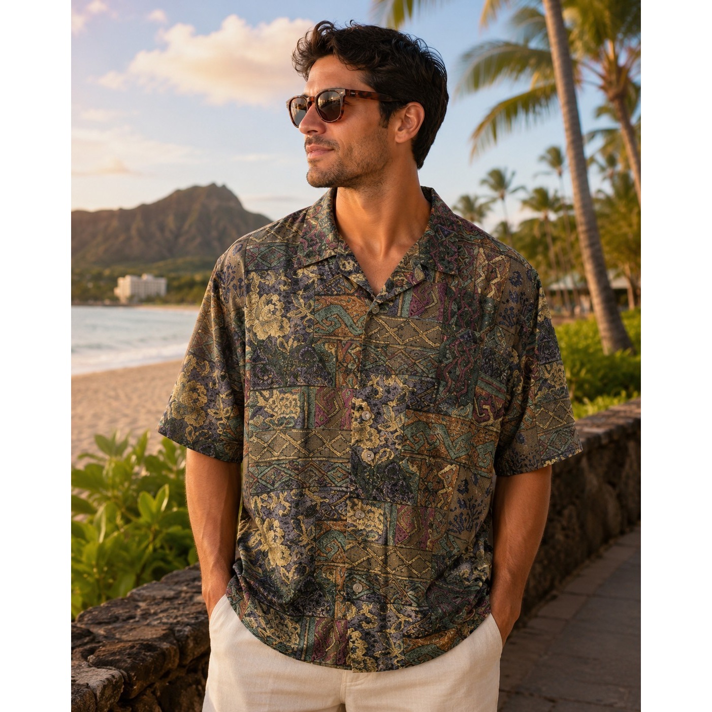 Tori Richard Men's Xl Brown Multicolor Aztec Geometric Short Sleeve Shirt -1319